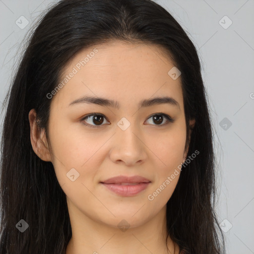 Joyful latino young-adult female with long  brown hair and brown eyes