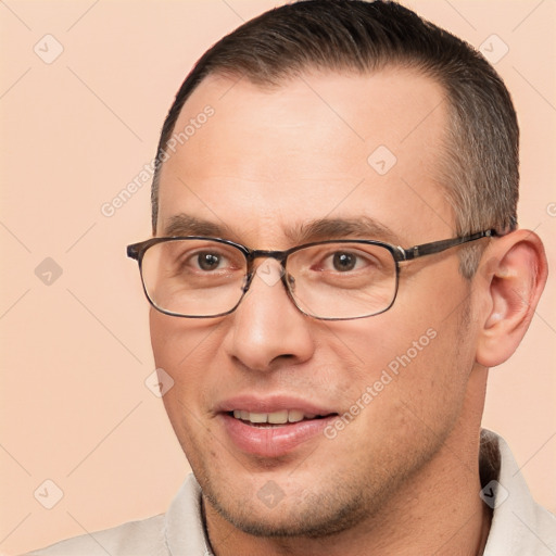 Joyful white adult male with short  brown hair and brown eyes