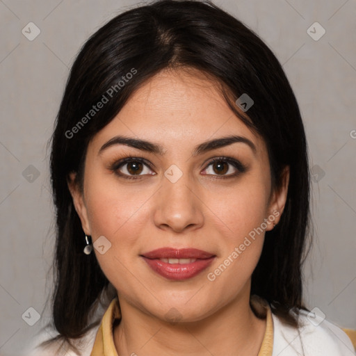 Joyful white young-adult female with medium  brown hair and brown eyes