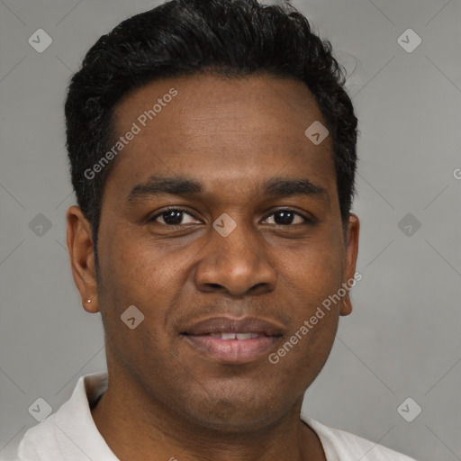 Joyful black young-adult male with short  brown hair and brown eyes