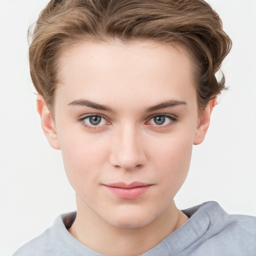 Neutral white young-adult female with short  brown hair and grey eyes