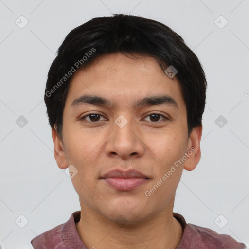 Joyful latino young-adult male with short  black hair and brown eyes