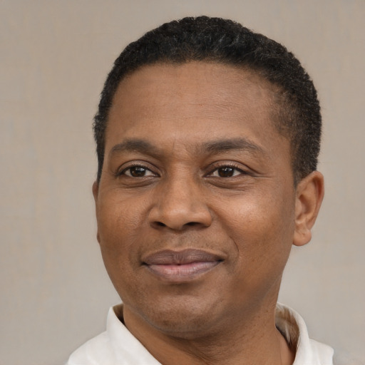 Joyful black adult male with short  black hair and brown eyes