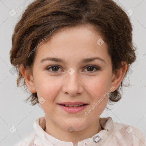 Joyful white child female with short  brown hair and brown eyes