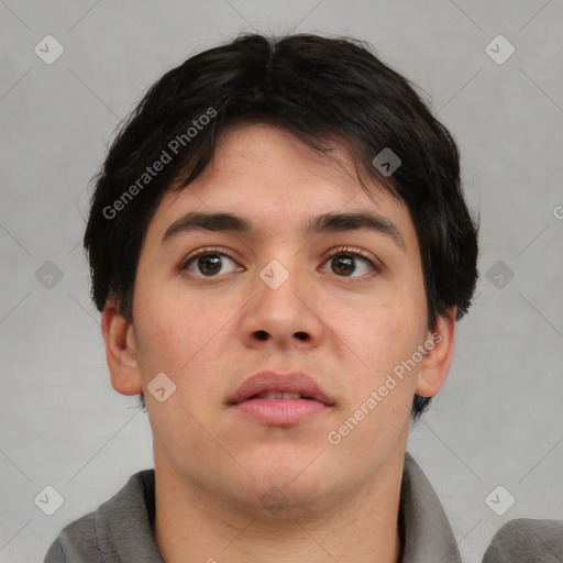 Neutral asian young-adult male with short  brown hair and brown eyes