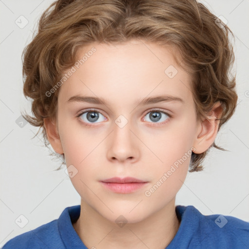 Neutral white child female with medium  brown hair and blue eyes