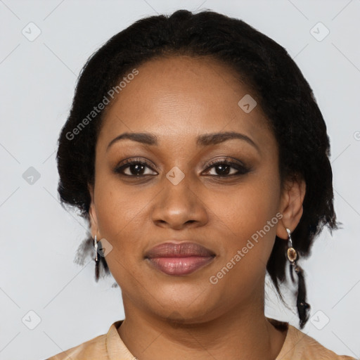 Joyful black young-adult female with medium  black hair and brown eyes