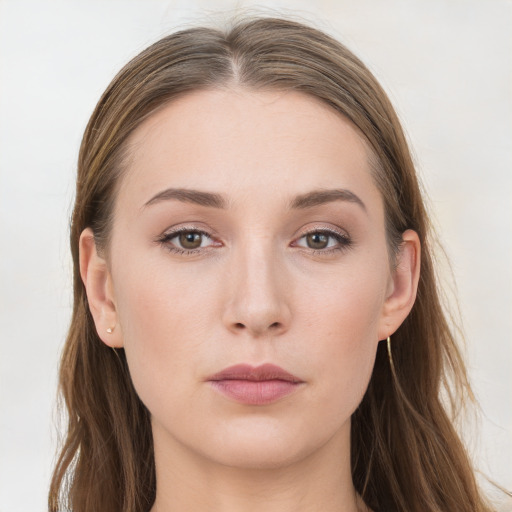 Neutral white young-adult female with long  brown hair and grey eyes