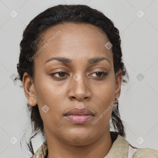 Neutral black young-adult female with medium  brown hair and brown eyes