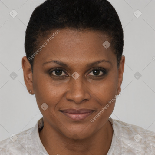Joyful black young-adult female with short  brown hair and brown eyes