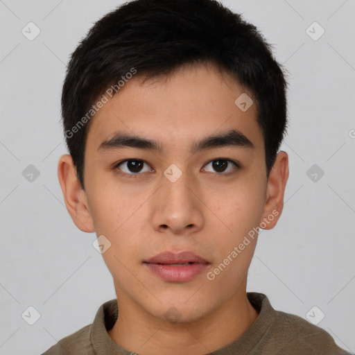 Neutral asian young-adult male with short  brown hair and brown eyes