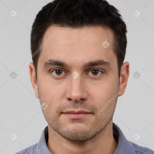 Neutral white young-adult male with short  brown hair and brown eyes