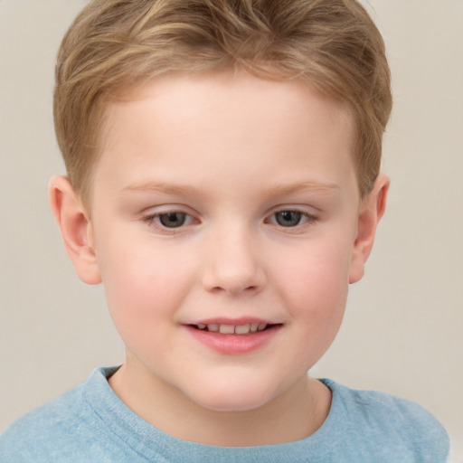 Joyful white child male with short  brown hair and grey eyes