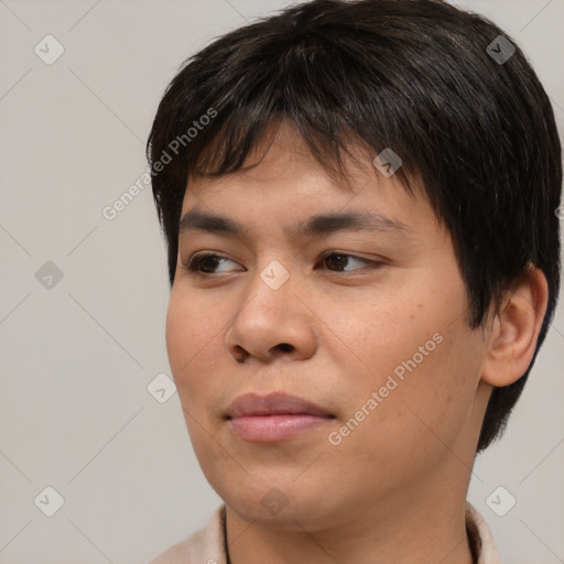 Joyful asian young-adult female with short  brown hair and brown eyes