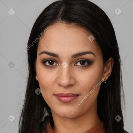 Joyful latino young-adult female with long  brown hair and brown eyes