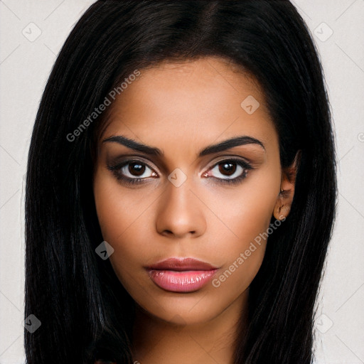 Neutral latino young-adult female with long  brown hair and brown eyes