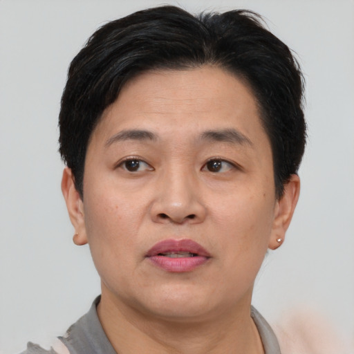 Joyful asian adult female with short  brown hair and brown eyes