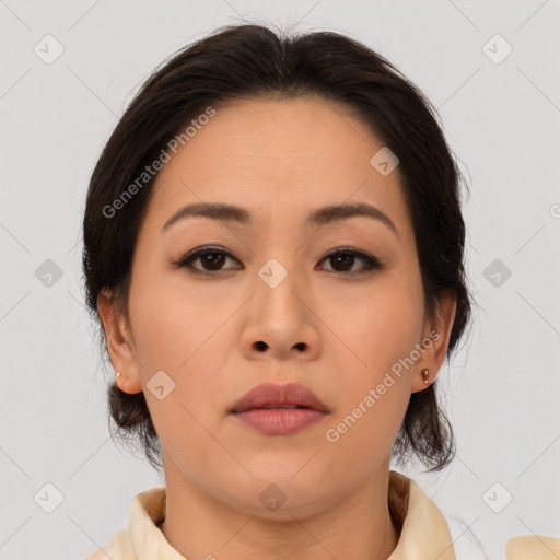 Neutral asian young-adult female with medium  brown hair and brown eyes