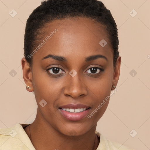 Joyful black young-adult female with short  brown hair and brown eyes