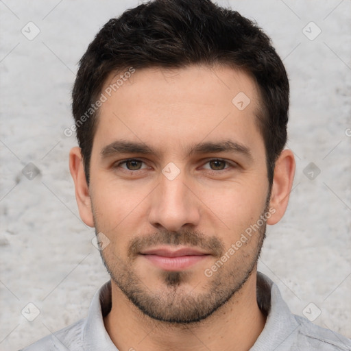 Neutral white young-adult male with short  brown hair and brown eyes