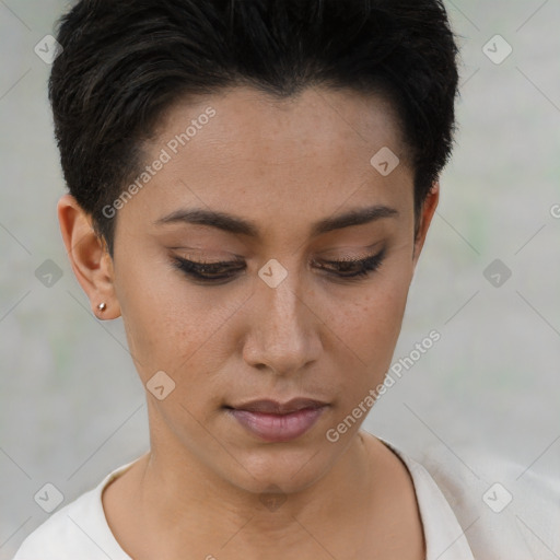 Neutral white young-adult female with short  brown hair and brown eyes