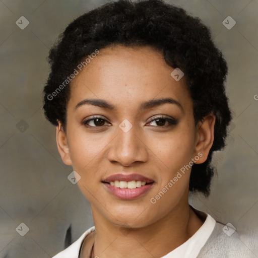 Joyful latino young-adult female with short  black hair and brown eyes