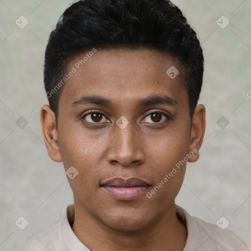 Neutral black young-adult male with short  black hair and brown eyes