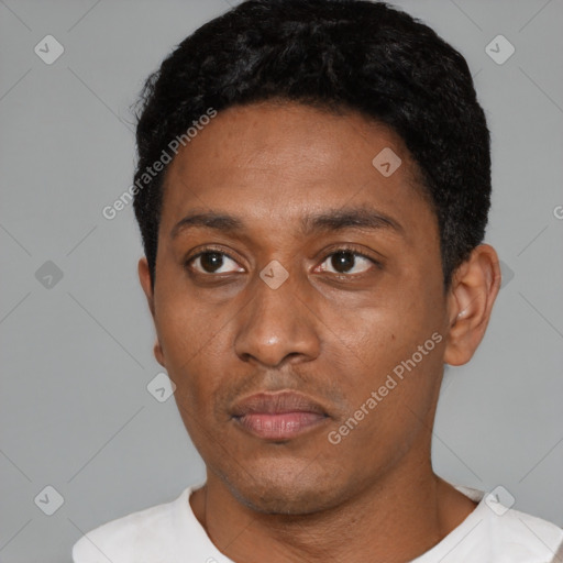 Neutral black young-adult male with short  black hair and brown eyes