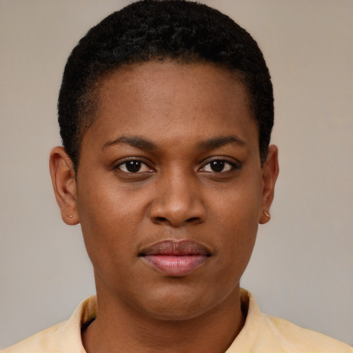 Joyful black young-adult female with short  brown hair and brown eyes