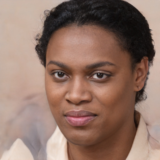 Joyful black young-adult female with medium  brown hair and brown eyes