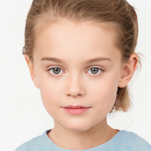 Neutral white child female with medium  brown hair and grey eyes