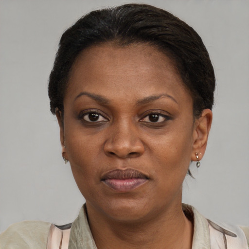 Joyful black adult female with short  brown hair and brown eyes