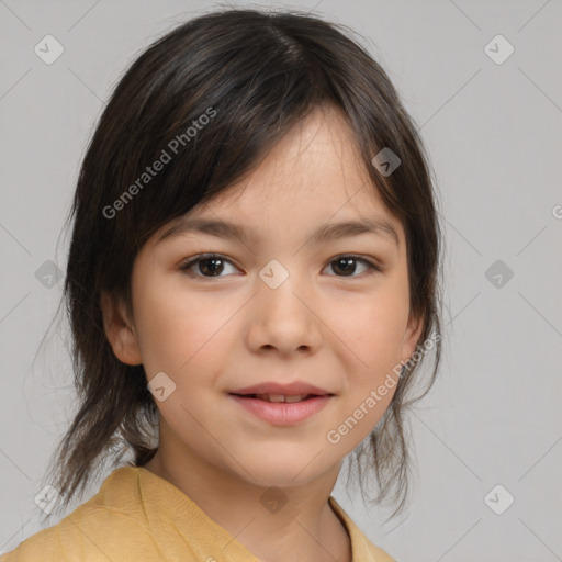 Joyful white child female with medium  brown hair and brown eyes