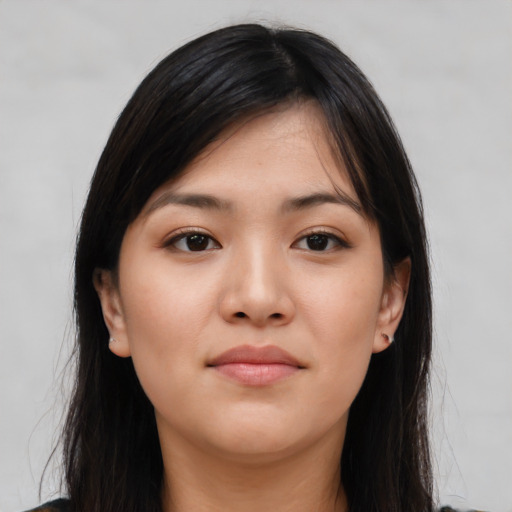 Neutral white young-adult female with long  black hair and brown eyes