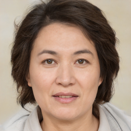 Joyful white adult female with medium  brown hair and brown eyes