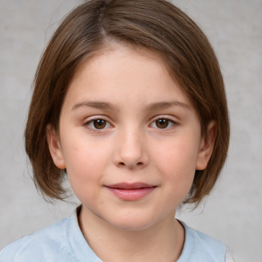 Joyful white child female with medium  brown hair and brown eyes