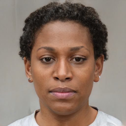 Neutral black young-adult female with short  brown hair and brown eyes