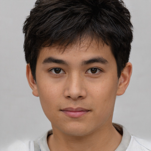 Neutral asian young-adult male with short  brown hair and brown eyes