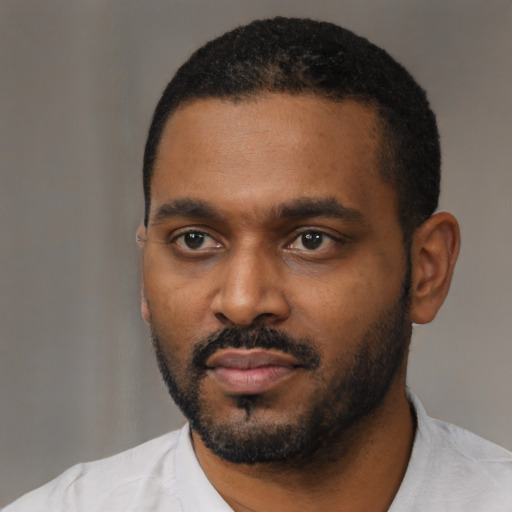 Neutral black young-adult male with short  black hair and brown eyes