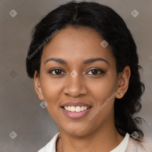 Joyful latino young-adult female with medium  black hair and brown eyes