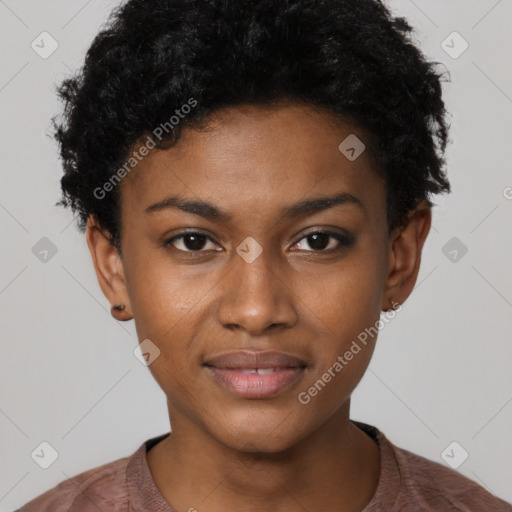 Joyful latino young-adult female with short  black hair and brown eyes