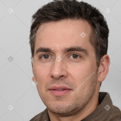 Neutral white adult male with short  brown hair and brown eyes