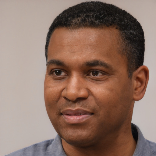 Joyful black young-adult male with short  black hair and brown eyes