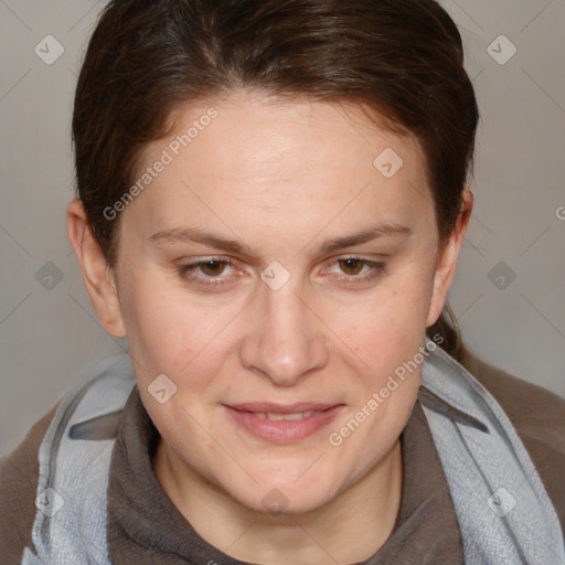 Joyful white adult female with short  brown hair and brown eyes