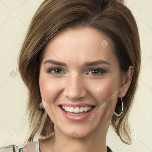 Joyful white young-adult female with medium  brown hair and green eyes