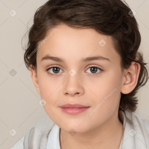 Joyful white child female with medium  brown hair and brown eyes