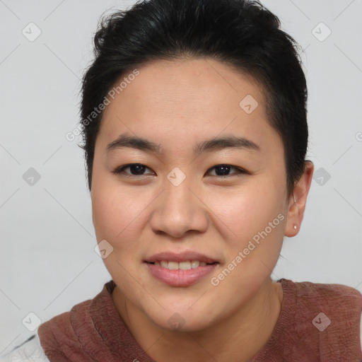 Joyful asian young-adult female with short  brown hair and brown eyes