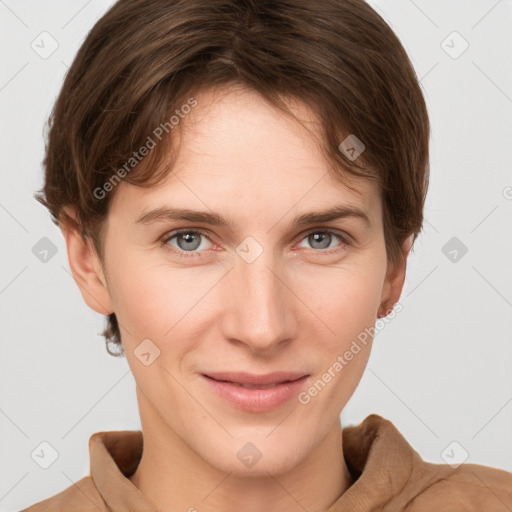 Joyful white young-adult female with short  brown hair and grey eyes