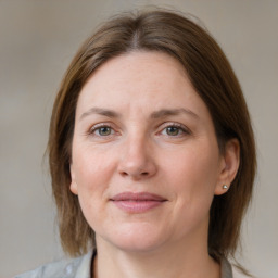 Joyful white adult female with medium  brown hair and grey eyes