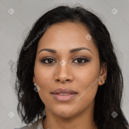 Joyful latino young-adult female with long  brown hair and brown eyes